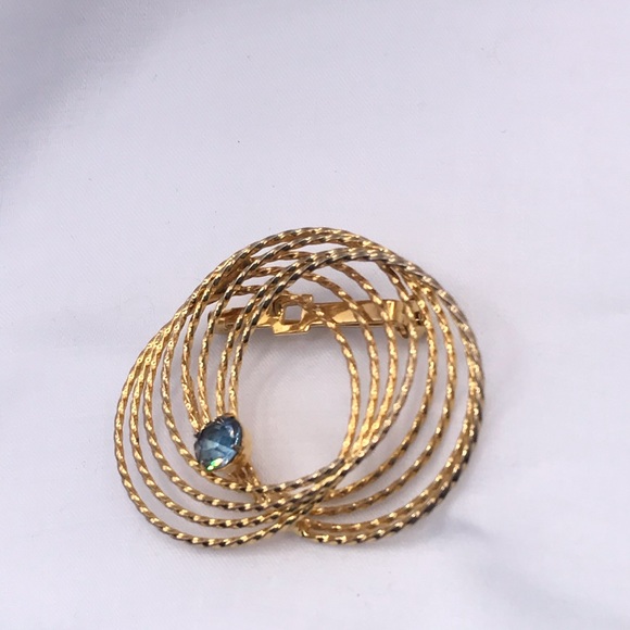 Gold-tone Circular Brooch with Blue Rhinestone - Picture 3 of 5